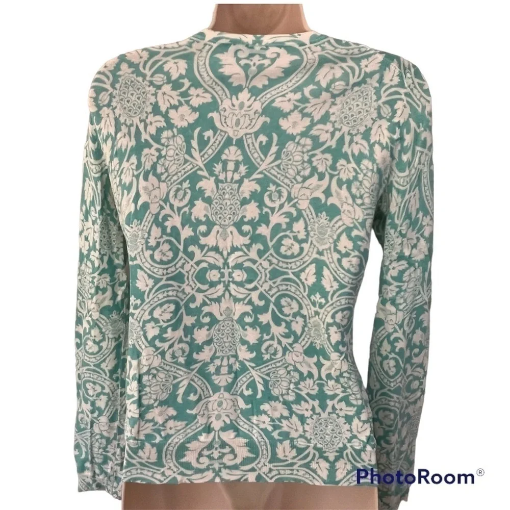 𝅺ann Taylor LOFT teal & white detailed button up sweater, S, floral pineapples. - Picture 2 of 13